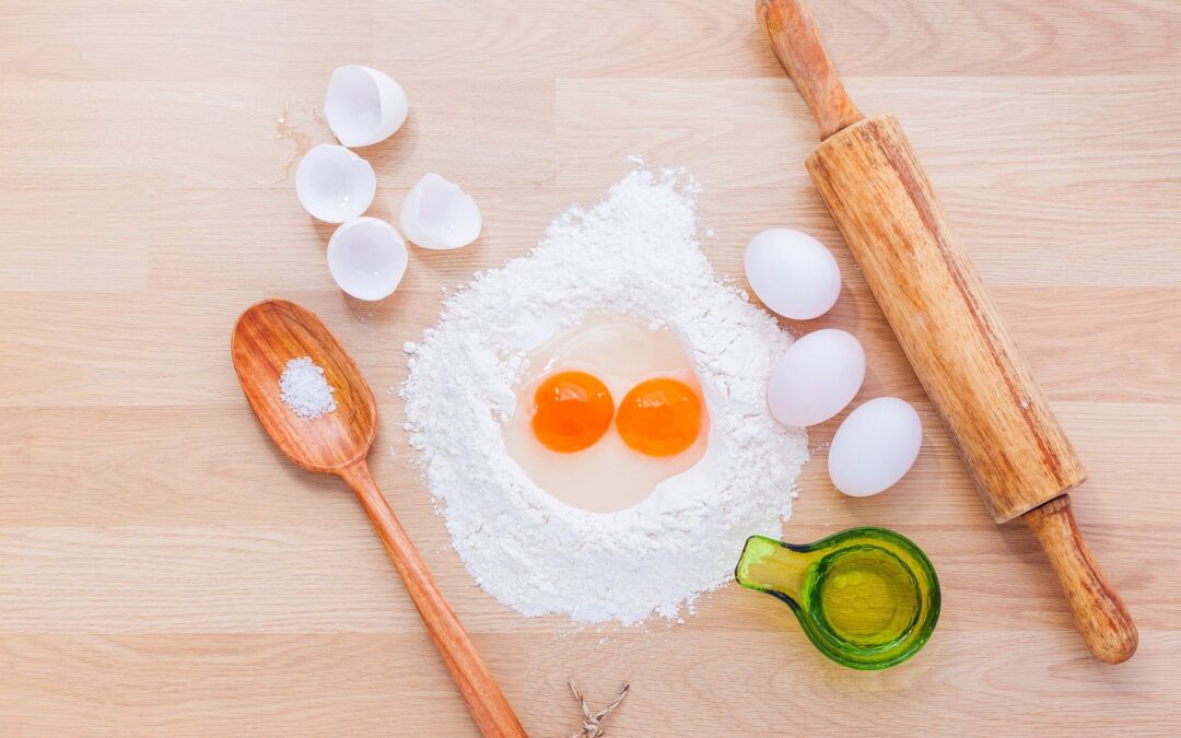 eggs, flour and rolling pin flatlay