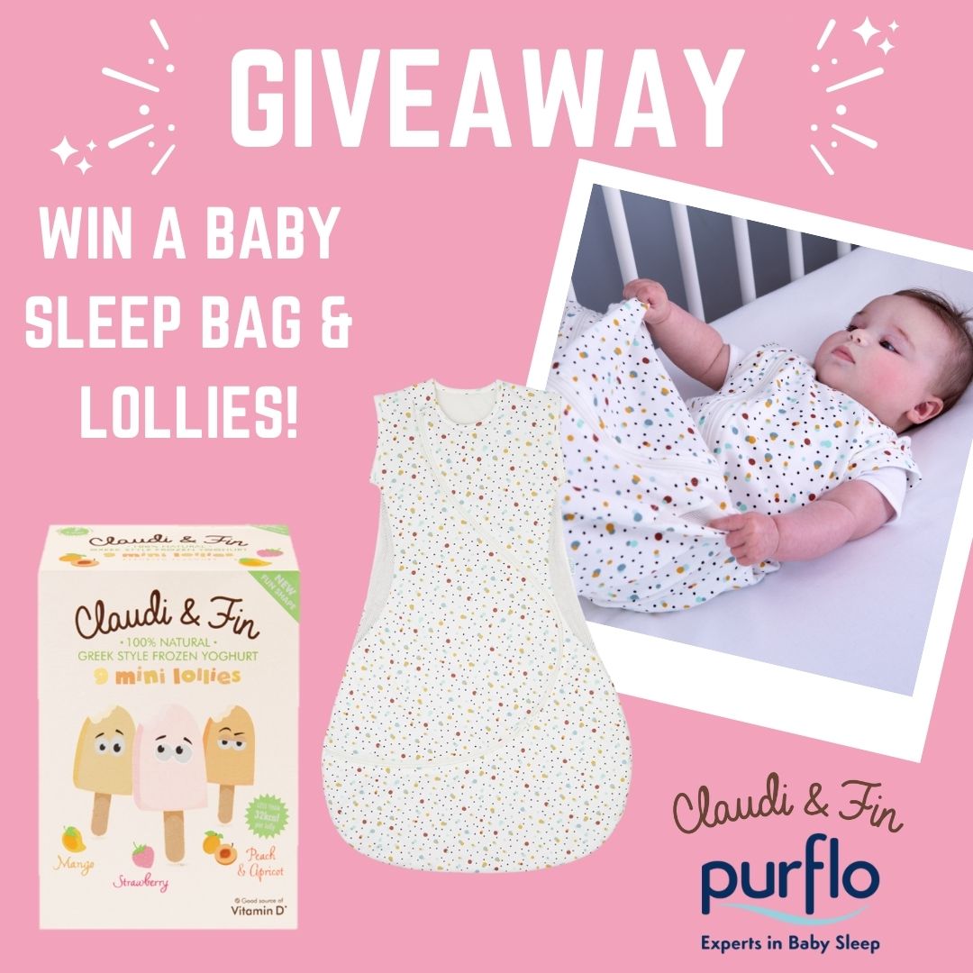 Competition artwork to win a Purflo Sleep Bag and Claudi & Fin lollies