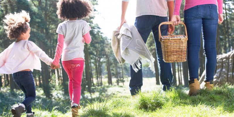 Family walking with picnic blanket and basket